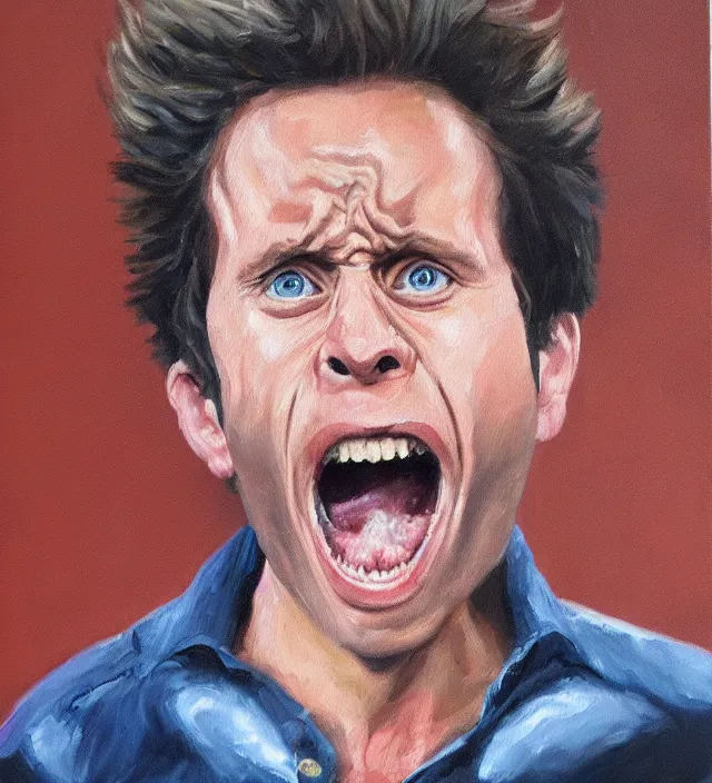 Prompt: oil painting of dennis reynolds untethered rage