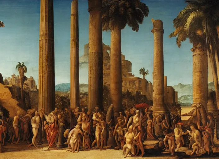 Image similar to : „a painting of a group of people outside in tropical desert Atlantis city, an ultrafine detailed painting by Giovanni Paolo Pannini, cg society, renaissance, da vinci, detailed painting, academic art“