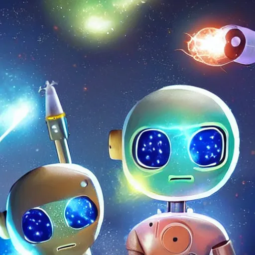 Image similar to cute little robots using ball lightning to destroy planet earth