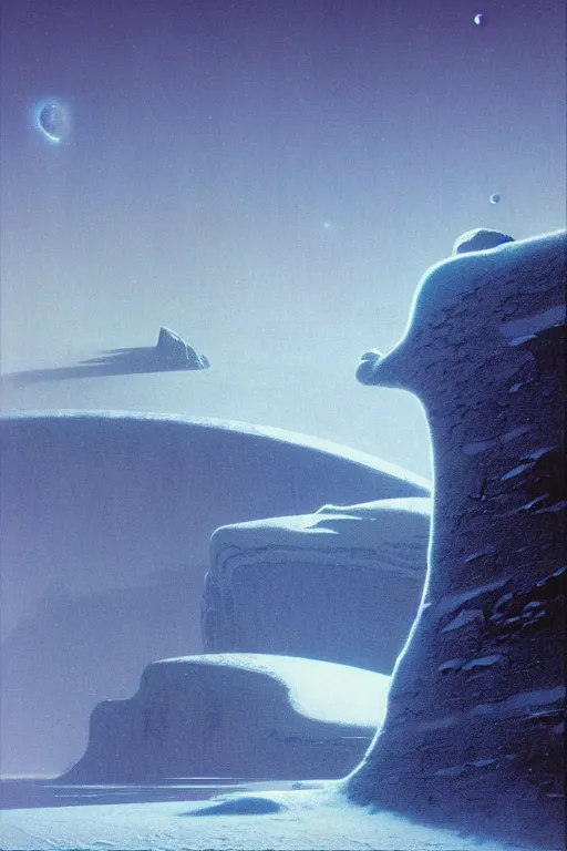 Prompt: emissary space by arthur haas and bruce pennington and john schoenherr, planet hoth, snowy mountains, blue hour, cinematic matte painting, 8 k, color palate alien planet under arctic moonlight by moebius, dark color palate,