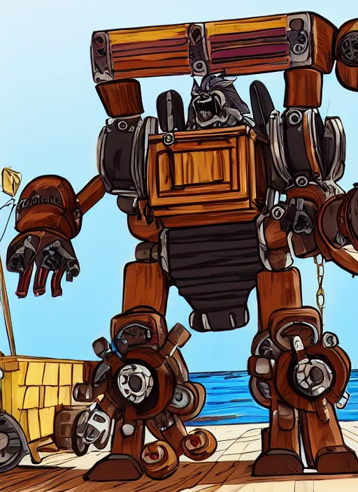 Prompt: A bearded pirate driving a giant wooden bipedal autobot transformer made out of pirate ship, mech suit, canons on arms, wooden mast for legs, sails, digital art