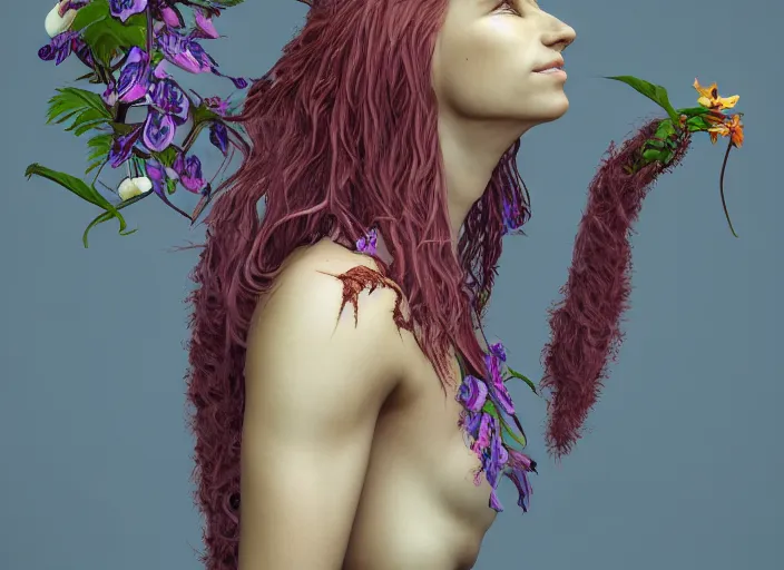 Prompt: Fantasy Alrune androgynous plant humanoid with flowers in hair plant body pitcher plant by Larry Elmore and Ilya Kushvikov, symmetrical face concept art, octane render unreal engine meta humans, artstation