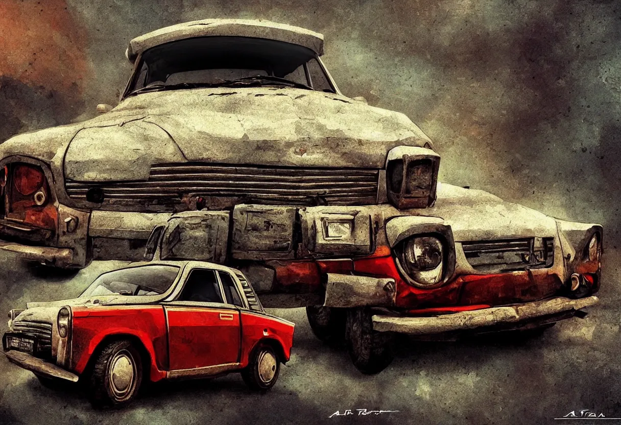 Prompt: old trabant as soviet times, aesthetic art, 8 k, high details, digital painting, concept art, matte painting, art by arstation and mimmo rottela, pixels art by paul robertson