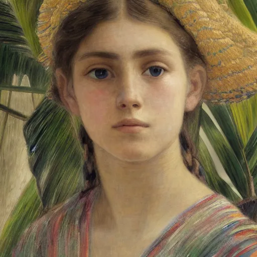 Image similar to a ultradetailed beautiful painting of a girl in the amazonas palace balustrade designed by jules bastien - lepage, tarsila do amaral, frank weston and gustave baumann, beach, trending on artstation, mediterranean, palm trees, hyper detailed face, sharp focus, soft light, 8 k 4 k