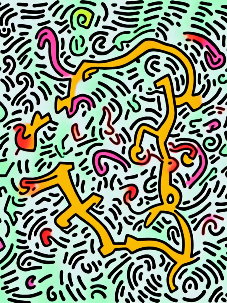 Image similar to minimal keith haring art of acorn that turns into a tree in the shape of a treble clef, a big rip down the middle, splashes of color, inspirational and powerful