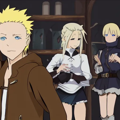 Image similar to young blonde boy fantasy thief in a tavern surrounded by a diverse group of friends, full metal alchemist, anime style