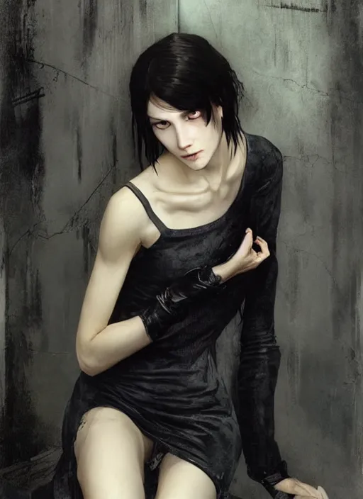 Image similar to a lonely young girl eveline from resident evil 7 with straight long black hair wearing black dress that sitting on bathroom floor, photo for vogue, model エリサヘス s from acquamodels, art by artgem, greg rutkowski and alphonse mucha