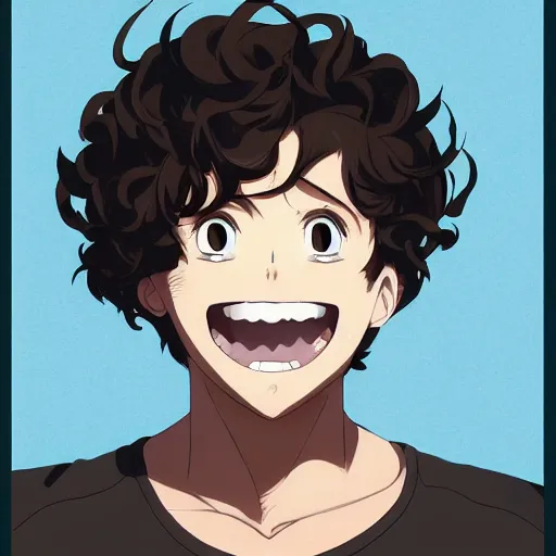 Prompt: An anime portrait of a mid-sized anime man with extremely short curly brown hair, chubby face, happy grin, closed teeth, brown eyes, without glasses, wearing a t-shirt, his whole head fits in the frame, solid background, by Stanley Artgerm Lau, WLOP, Rossdraws, James Jean, Andrei Riabovitchev, Marc Simonetti, and Sakimi chan, trending on artstation