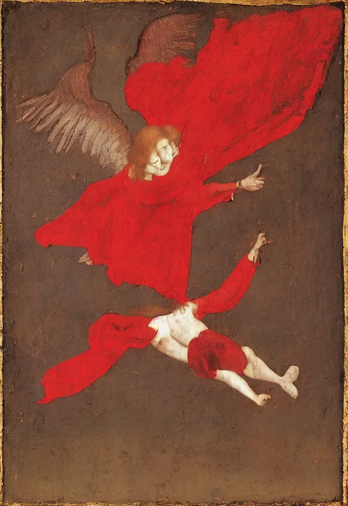 Image similar to Flying Fallen Angel with wings dressed in red, Medieval painting by Jan van Eyck, Johannes Vermeer, Florence