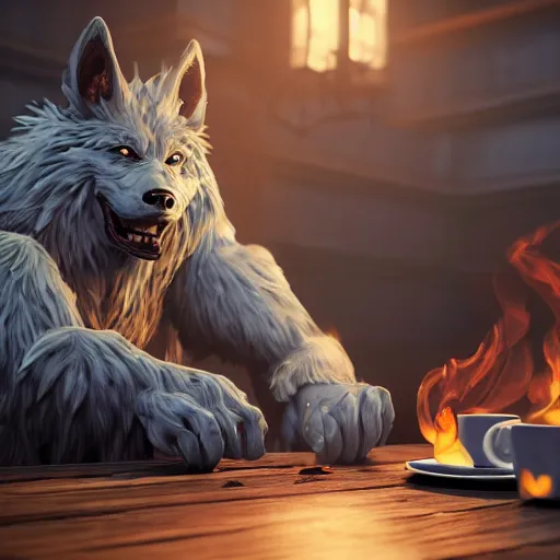 Image similar to A epic and beautiful rococo werewolf drinking coffee, in a burning coffee shop. ultra-detailed. Anime, pixiv, UHD 8K CryEngine, octane render