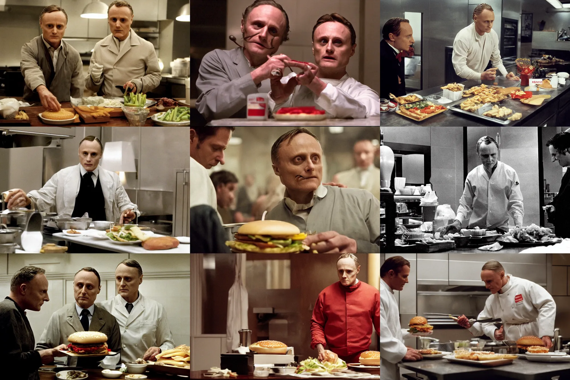 Prompt: hannibal lecter, preparing mcdonald's big mac, cooking television show still