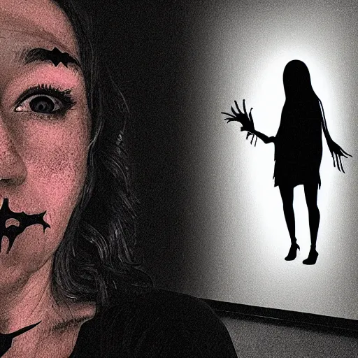 Image similar to A selfie of a woman in a dark room, with a spooky filter applied, with a figure in the background, in a Halloween style.