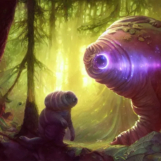 Image similar to ultra realistic illustration of magical tardigrade, forest, fantasy, colorful lights, intricate, elegant, highly detailed, digital painting, artstation, concept art, smooth, sharp focus, illustration, art by artgerm and greg rutkowski and alphonse mucha