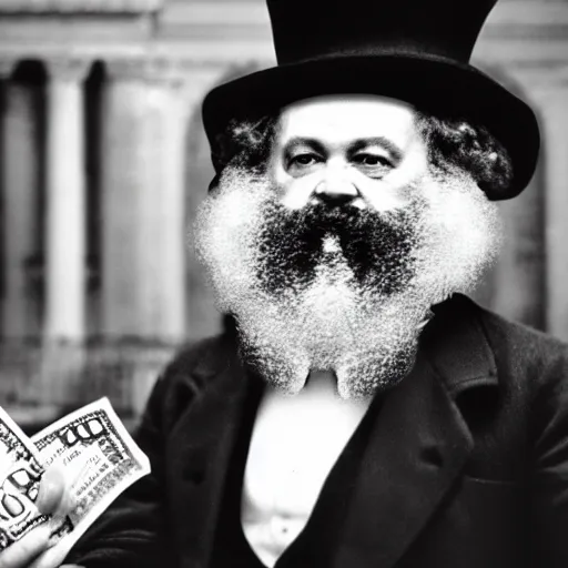 Image similar to karl marx wearing a monocle and top hat while holding a bag of cash outside a stock market, digital art, 4k