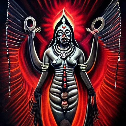 Prompt: beautiful painting of a sacrifice in honor of the goddess Kali Linux in the style of Welder Wings and H. R. Giger. Dark background, detailed, trending on Artstation