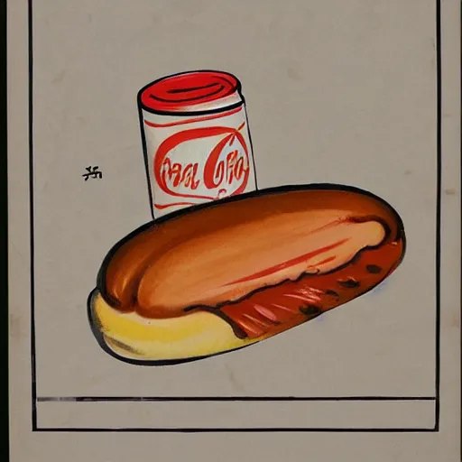 Image similar to high quality vintage brush painting of hot dog and coke by sakano ue no tamura maro