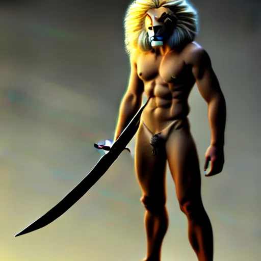 Image similar to commission of a fit male anthro albino lion holding a sword, science fiction industrial hard science concept art, 8K render octane high definition cgsociety