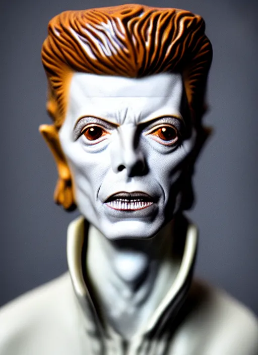 Image similar to David Bowie , A Close up photo-real delicate ceramic porcelain sculpture of a symmetrical ornate detailed in front of an intricate background by Victo Ngai and takato yamamoto, micro detail, backlit lighting, face in focus, subsurface scattering, translucent, thin porcelain, octane renderer, colorful, physically based rendering, japanese pottery, trending on cgsociety