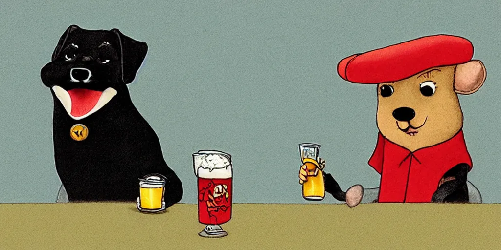 Image similar to a small black dog drinking beer by richard scarry