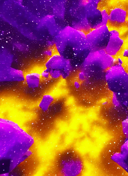 Image similar to purple and yellow abstract, voxel - based galaxy background, unreal engine, high contrast, high quality wallpaper, 4 k