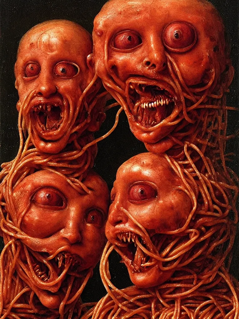 Prompt: siamese twins made of spaghetti and tomato sauce, looking straight into camera, screaming in agony, by giuseppe arcimboldo and ambrosius benson and beksinski, renaissance, intricate and intense oil paint, a touch of hr giger and edward munch, realistic