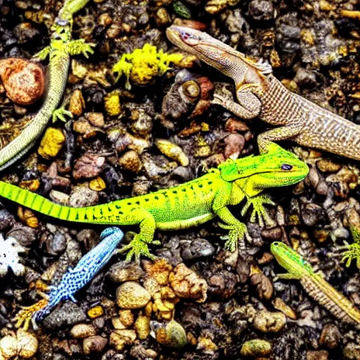 Prompt: a national geographic photograph of dozens of lizards on a huge pile of feces.