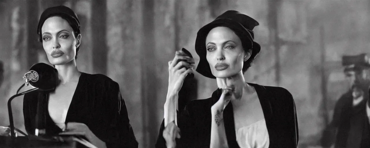 Prompt: revolution in 1 9 2 3 paris, angelina jolie delivers a speech, noir, photorealistic