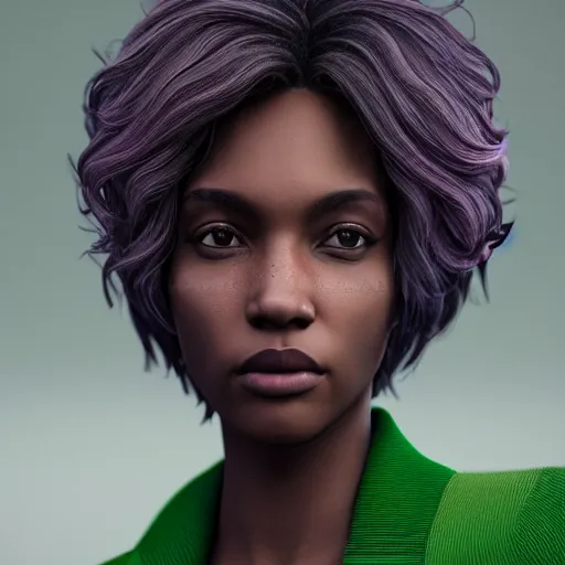 Image similar to black woman, hairstyle = short bob, hair colour = grey, eyes = purple, wearing dark green bomber jacket, realistic 4 k octane beautifully detailed render, 4 k post - processing, highly detailed, intricate complexity, epic composition, magical atmosphere, cinematic lighting, masterpiece, ultra hd