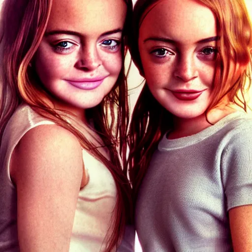 Image similar to intricate beautiful hyperreal portrait of a young lindsay lohan and a young lindsay lohan, smiling softly, casual clothes, relaxing on the couch, home interior, golden hour, close up shot, 8 k, art by irakli nadar, hyperrealism, hyperdetailed, ultra realistic