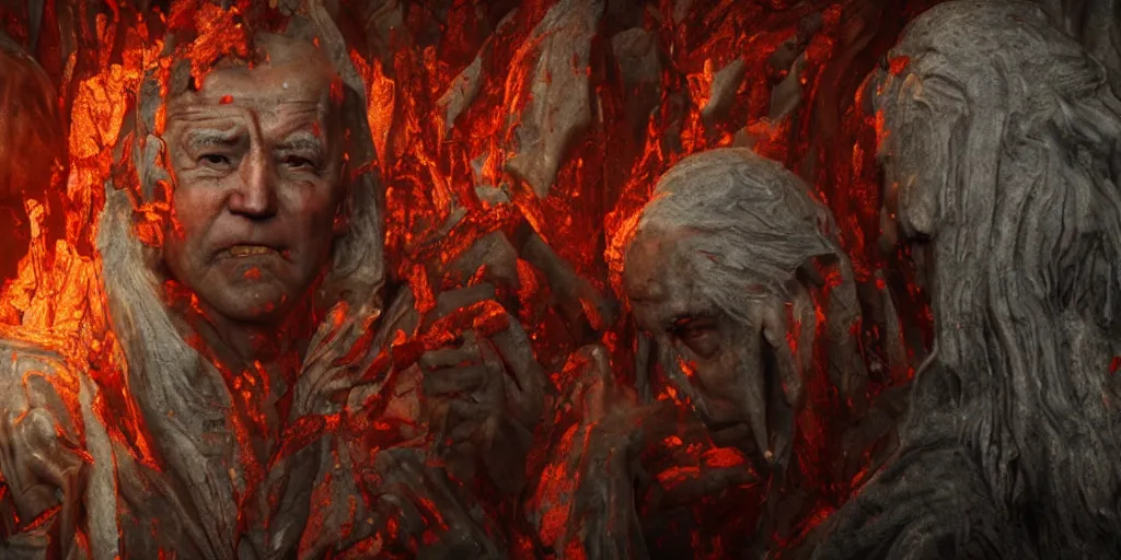 Image similar to biden in dante's inferno painting, dark beauty, rotten gold, closeup faces, extremely detailed, cinema 4 d, unreal engine.
