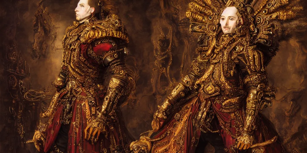 Prompt: epic, low angle, digital painting, of a 1 7 th century, decadent, cyborg king! techno - melded with is throne, dark hair, piercings, amber jewels, baroque!, ornate dark red opulent clothing, scifi, futuristic, realistic, hyperdetailed, concept art, rule of thirds, art by rembrandt, masterpiece