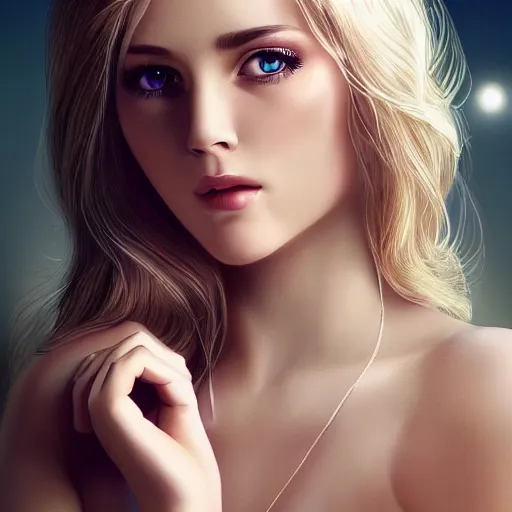 Image similar to a gorgeous female photo, professionally retouched, soft lighting, wearing sundress, illuminated by moonlight, realistic, smooth face, blonde goddess, luscious lips, perfect eyes, wide angle, sharp focus on eyes, 8 k high definition, insanely detailed, intricate, elegant, art by artgerm and wlop