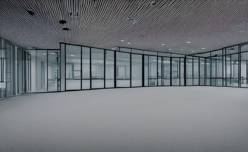 Prompt: an empty office building, illuminated, photography