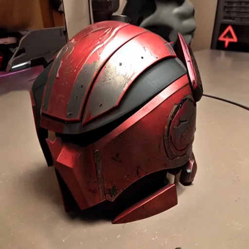 Image similar to doom slayer's helmet from doom eternal, photography