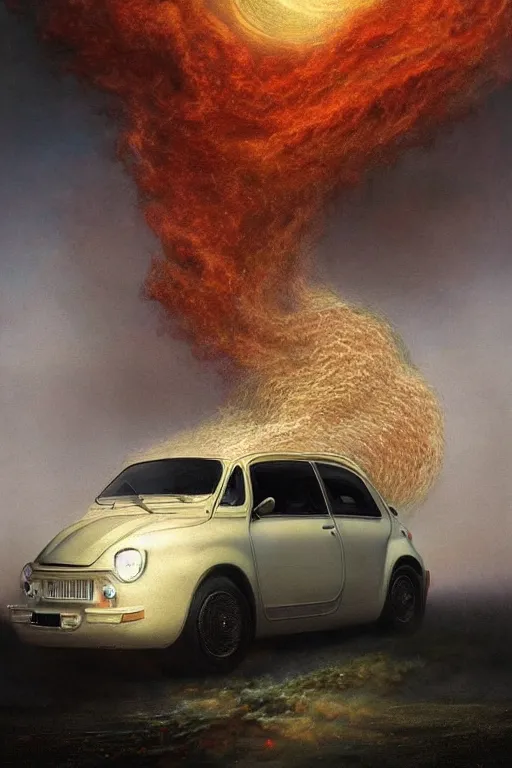 Image similar to Intricate stunning highly detailed FIAT 600 White from the 60s by agostino arrivabene and Vladimir Kush, surreal, digital painting, ultra realistic, Horror vacui, dramatic lighting, full moon, thick black swirling smoke tornado, burning fire embers, artstation