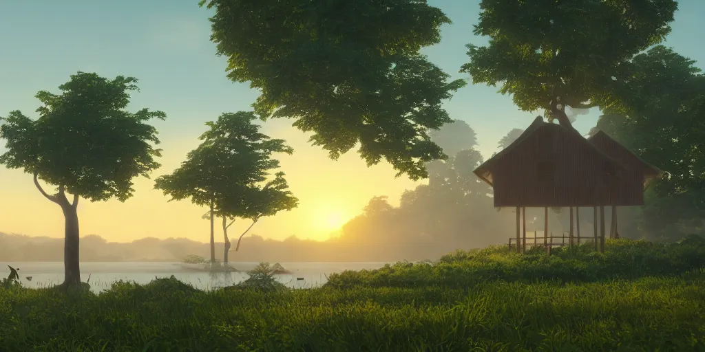 Image similar to a serene landscape with singular building near a lake with lotus at sunrise, pixar style, ghibli studio anime style, 8 k, hdr, octane render, unreal engine 5