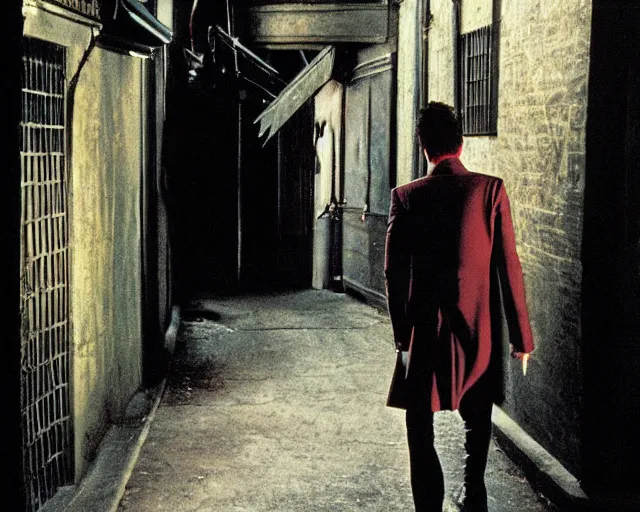 Image similar to a vampire walking down a foreboding alley looking for trouble, from buffy the vampire slayer