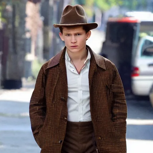 Image similar to tom holland wearing a brown trenchcoat, white shirt and plaid tie, smoking a cigar, dressed as detective columbo.