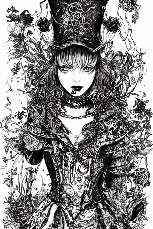 Prompt: Punk Alice in wonderland tarot card , pen and ink, intricate line drawings, by Yoshitaka Amano, Ruan Jia, Kentaro Miura, Artgerm, watercolor