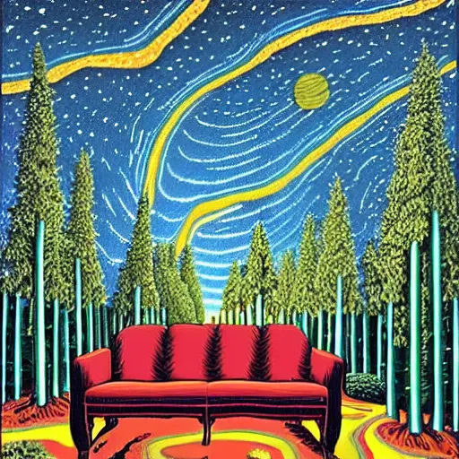 Prompt: psychedelic trippy saskatoon pine forest, planets, milky way, sofa, cartoon by rob gonsalves