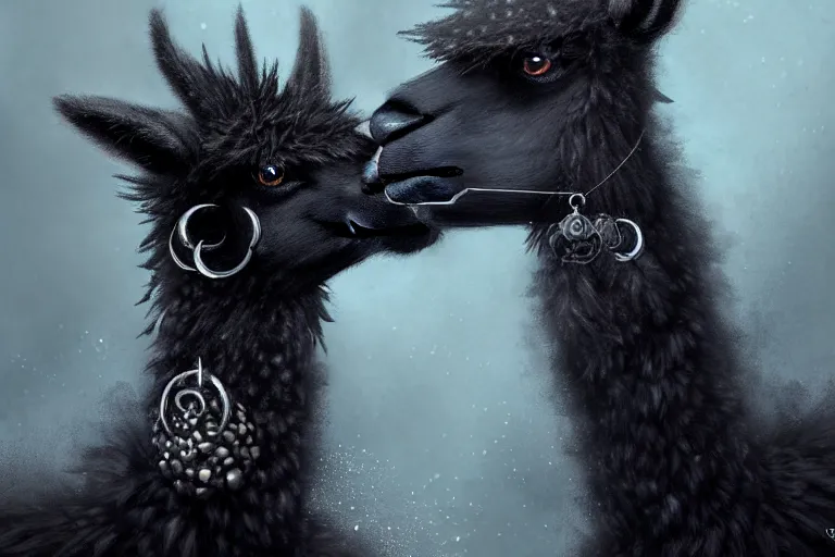 Image similar to highly detailed animal portrait of a goth alpaca with piercings, black eyeshadow, piercings!, earrings!, digital art made by makoto shinkai, lois van baarle, greg rutkowski and jakub rebelka, highly detailed, symmetrical, extremely coherent, smooth, shaped focus, dystopian gray forest background, skull