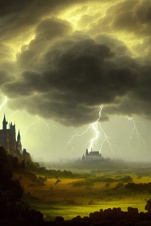 Image similar to a beautiful digital illustration painting of a detailed gothic fantasy endless plains with castle in the distance and thunder storm, by benoit b. mandelbrot, steven belledin, martin johnson heade, lee madgwick, caspar david friedrich, and david rios ferreira. 8 k resolution trending on artstation concept art digital illustration