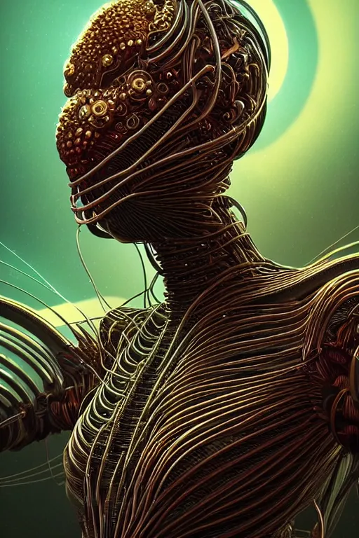 Prompt: a centered render of an alien bio - organic creature adorned with cables and synthesizer parts is surrounded by sacred geometry, full body, bio - mech face, powerful, cinematic, beautifully lit, by artgerm, by karol bak, 3 d, trending on artstation, octane render, 8 k