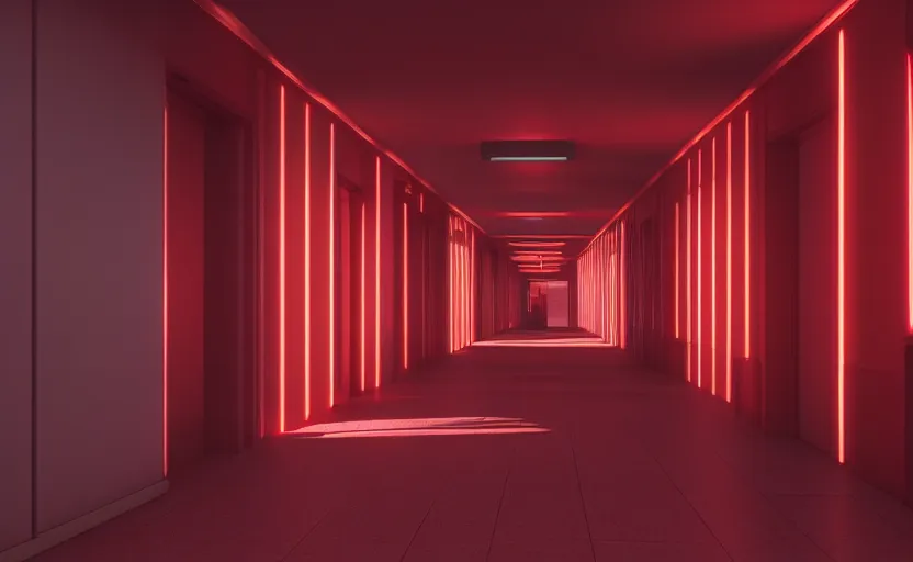 Prompt: an hallway in hospital with red lights in the roof, octane render, artstation trending, highly detailded