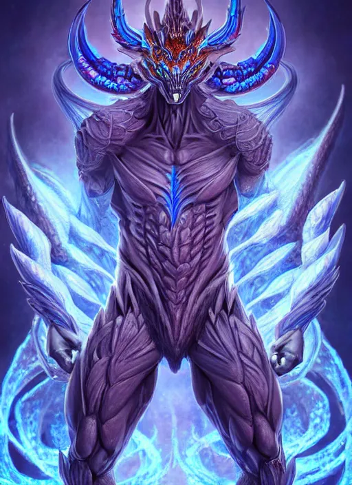 Image similar to muscular and tall blue ghostly fire humanoid dragon!!!! draconian!! intricate ornate iridescent exoesqueleton!! character concept art, sharp focus, octane render! unreal engine 5! highly rendered!! trending on artstation!! detailed linework!! illustration by artgerm, wlop, and chie yoshii