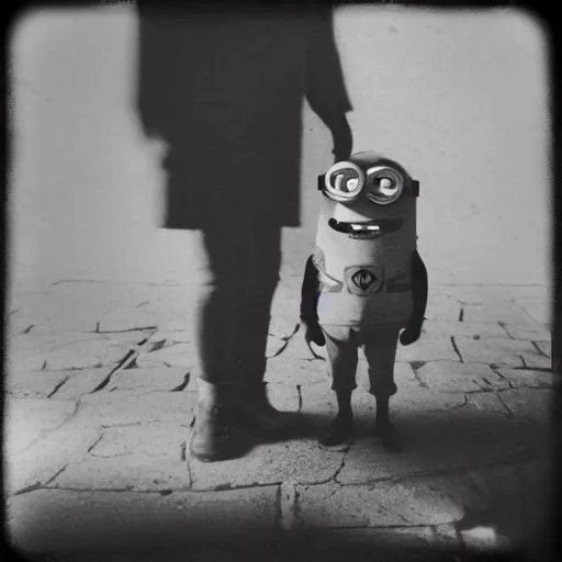 Image similar to old creepy black and white photograph of a minion