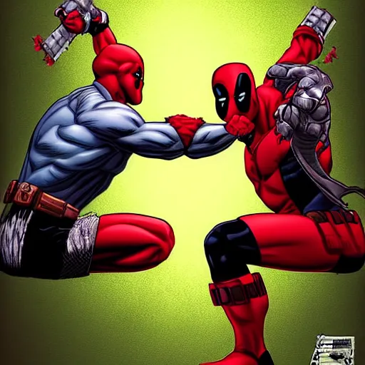 Prompt: a portrait of deadpool fighting the hulk, extremely detailed digital art by mark brooks
