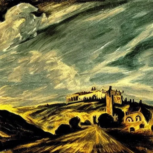 Prompt: A Spanish landscape at night by El Greco.