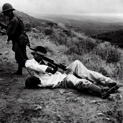 Prompt: Loyalist Militiaman at the Moment of Death, Cerro Muriano, September 5, 1936 by Robert Capa, courtesy of the Metropolitan Museum of Art, white shirt, rifle, extended arms, hillslope