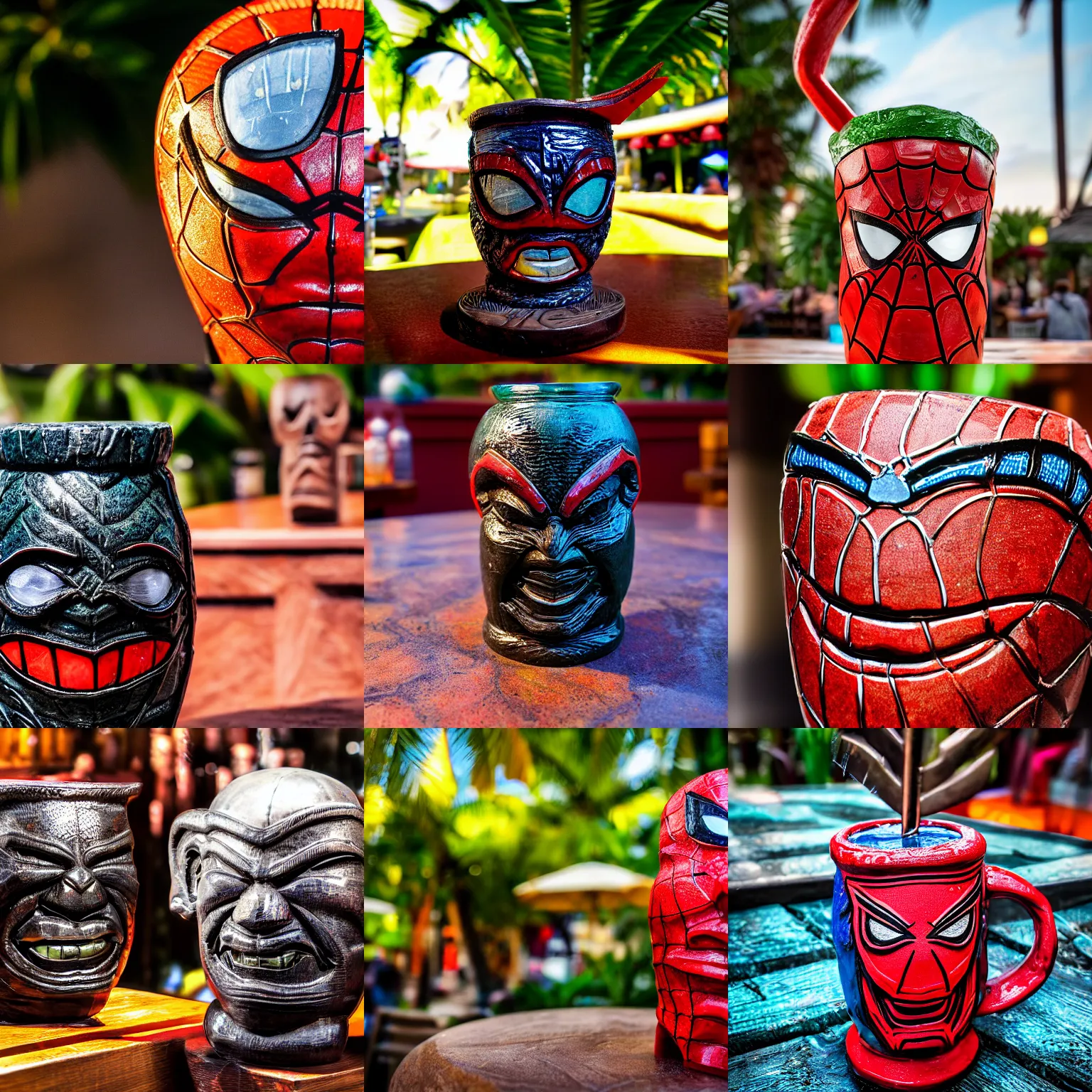 Image similar to a closeup photorealistic capture of glossy spider man style tiki mug at an outdoor trader vic's bar featuring the face of spider man. tiki theme. bright scene. fine detail. this 4 k hd image is trending on artstation, featured on behance, well - rendered, extra crisp, features intricate detail, epic composition and the style of unreal engine.